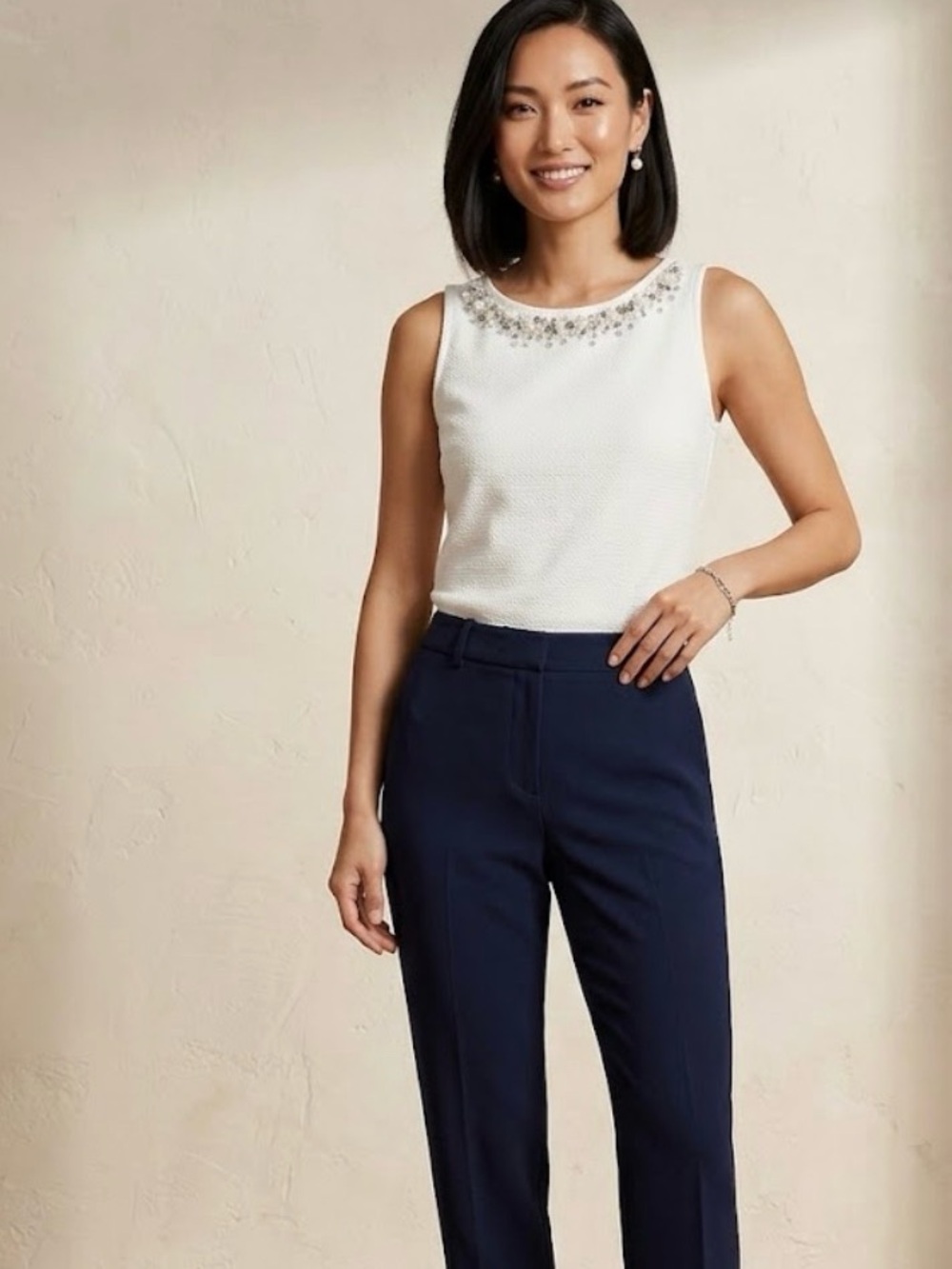Ann Taylor Ivory Beaded Neck Sleeveless Top